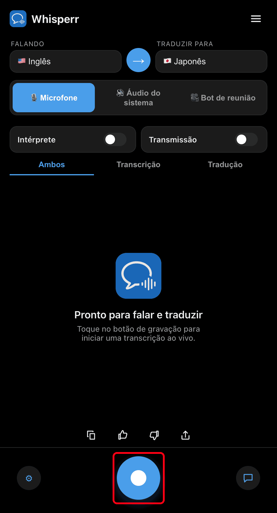 Clicking the record button in the Whisperr desktop app