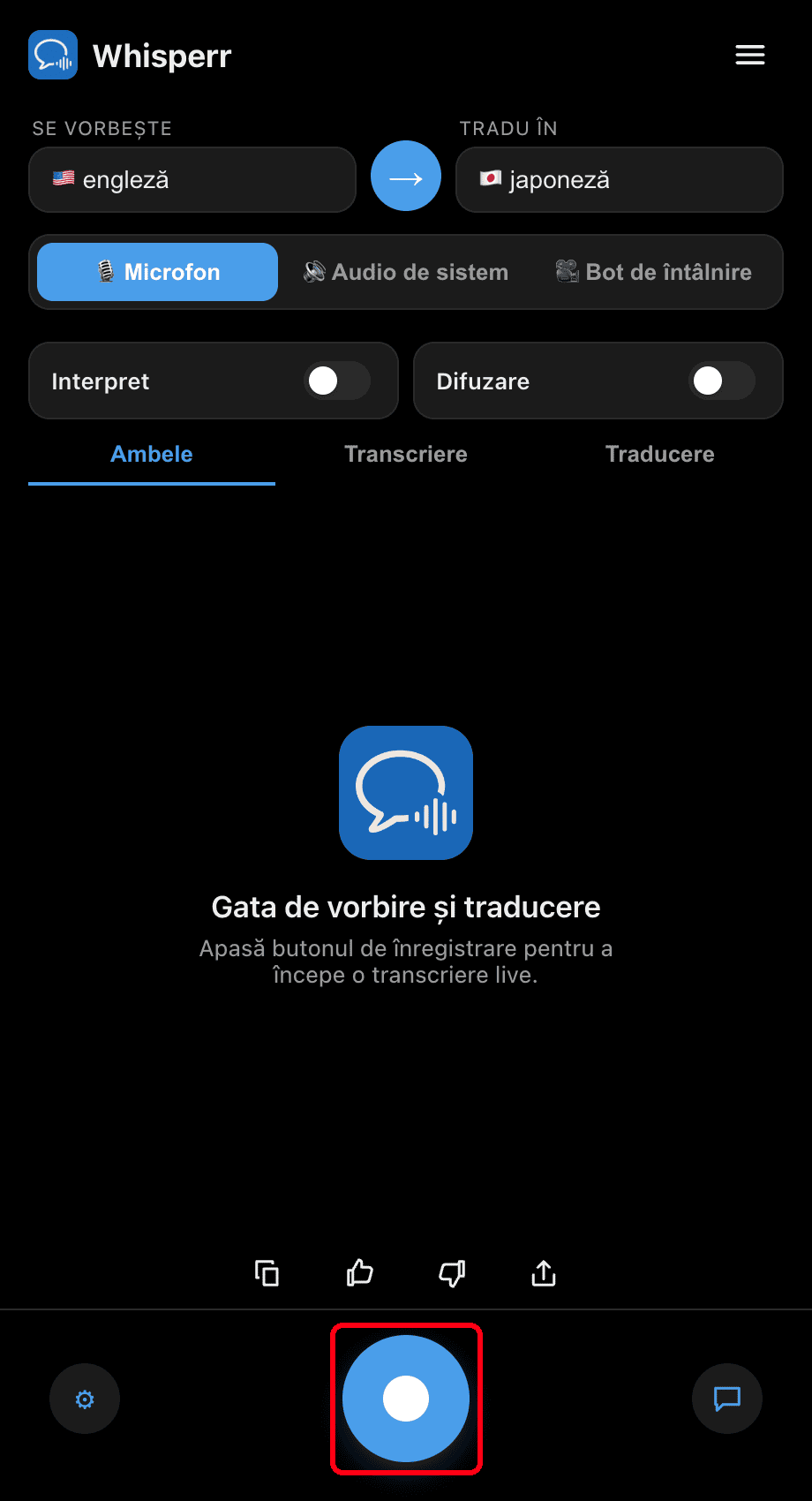 Clicking the record button in the Whisperr desktop app