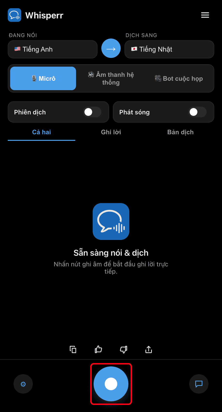 Clicking the record button in the Whisperr desktop app