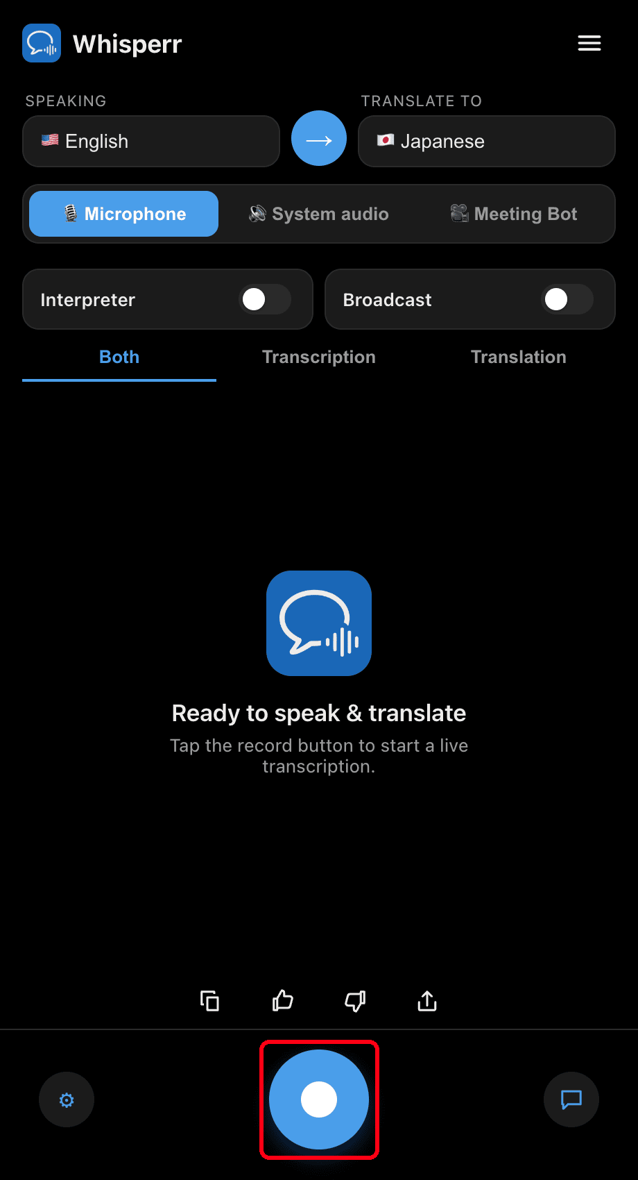 Clicking the record button in the Whisperr desktop app