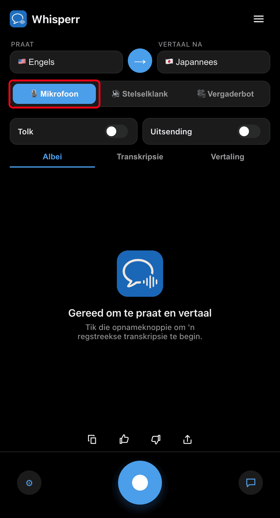 Whisperr desktop app with the Microphone source selected