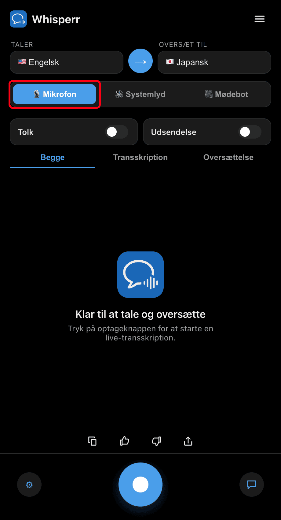 Whisperr desktop app with the Microphone source selected