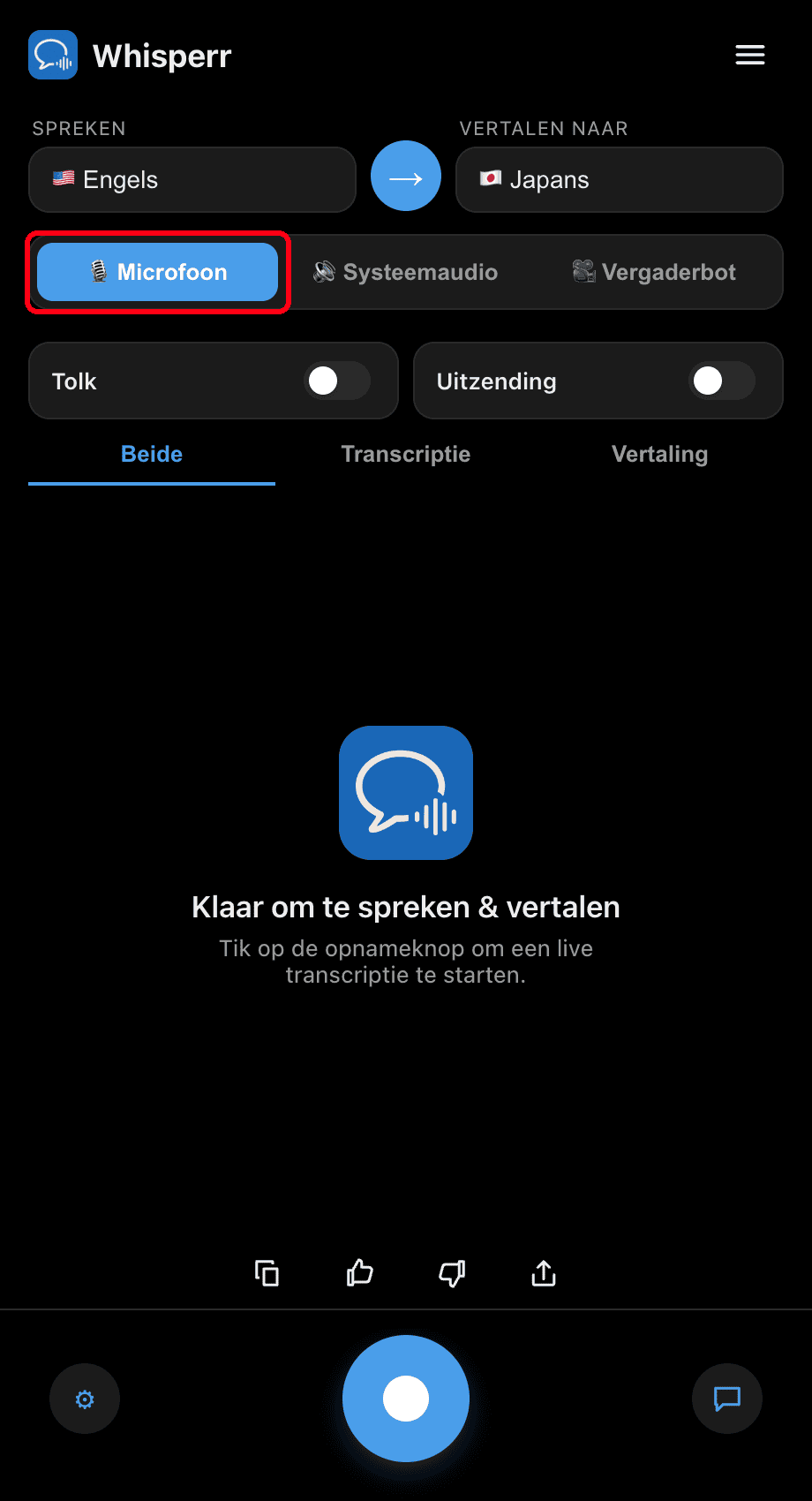 Whisperr desktop app with the Microphone source selected