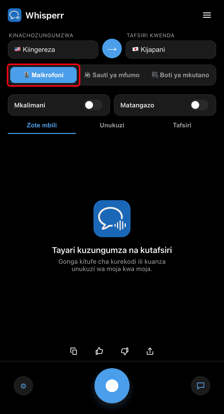 Whisperr desktop app with the Microphone source selected