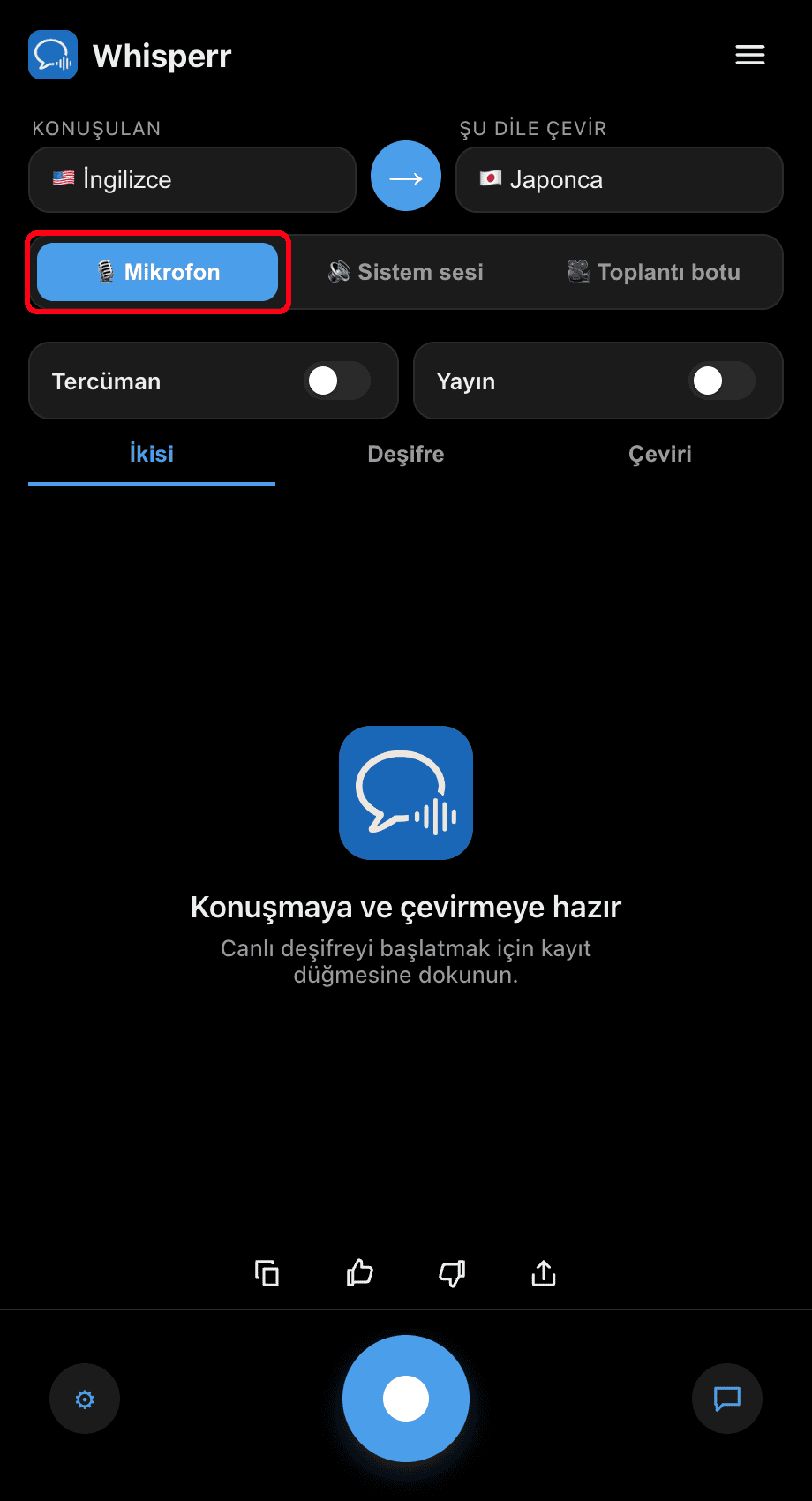 Whisperr desktop app with the Microphone source selected