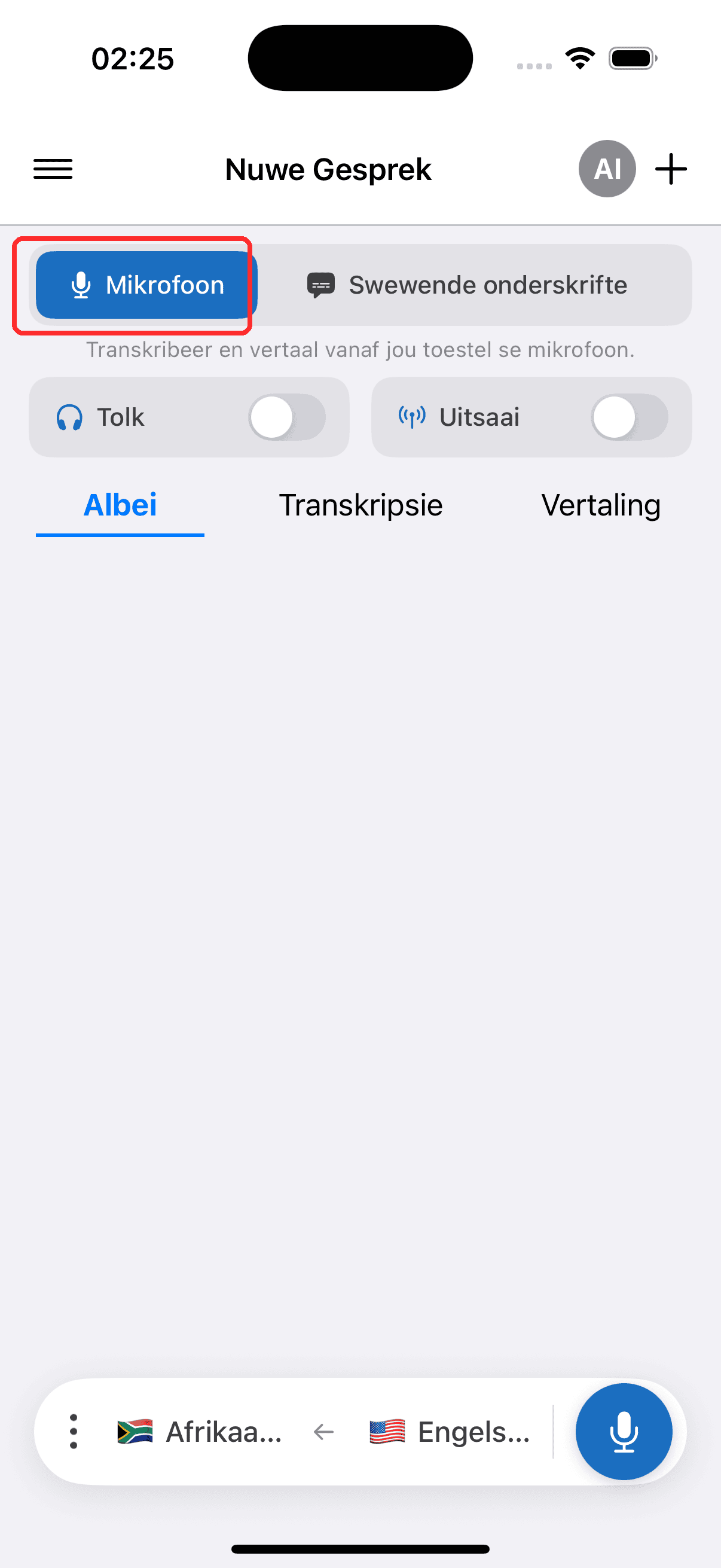 Selecting Microphone in the top menu on iPhone