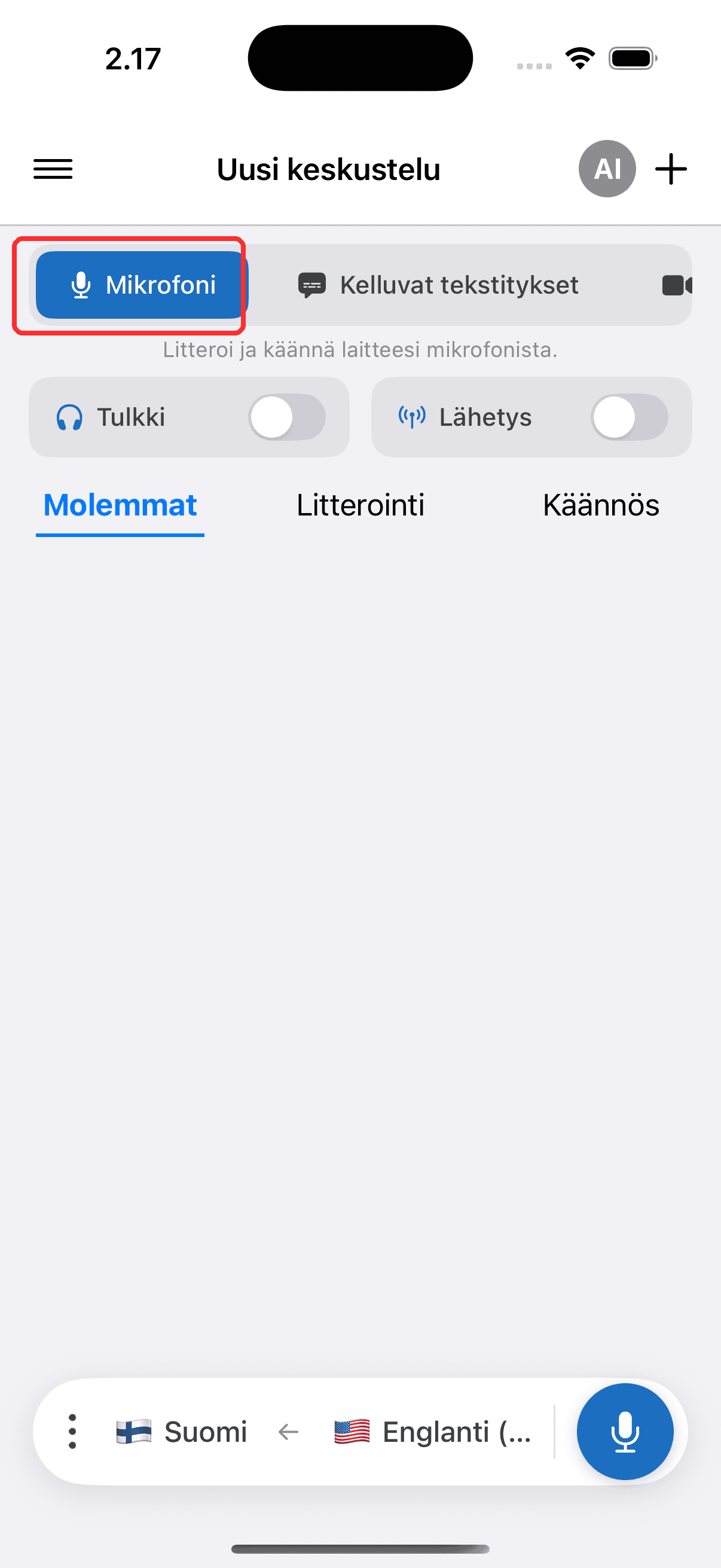 Selecting Microphone in the top menu on iPhone