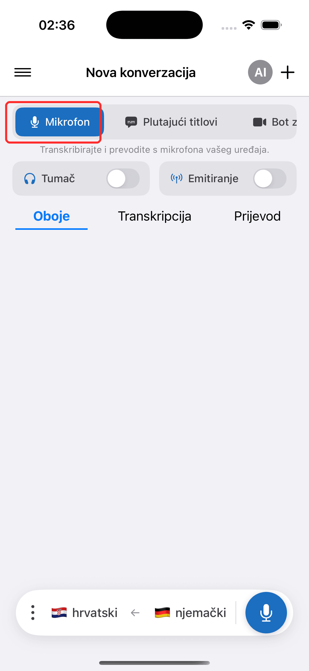 Selecting Microphone in the top menu on iPhone