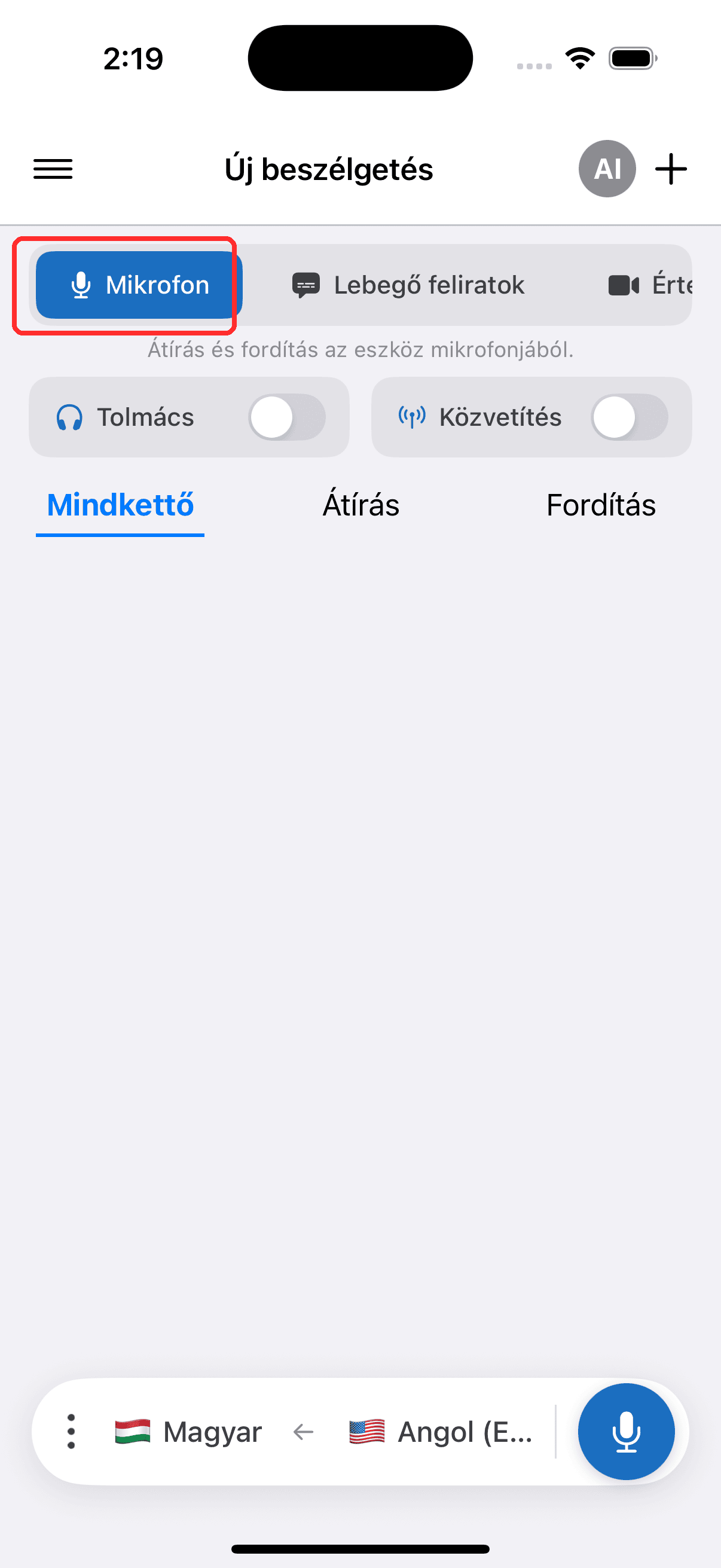 Selecting Microphone in the top menu on iPhone
