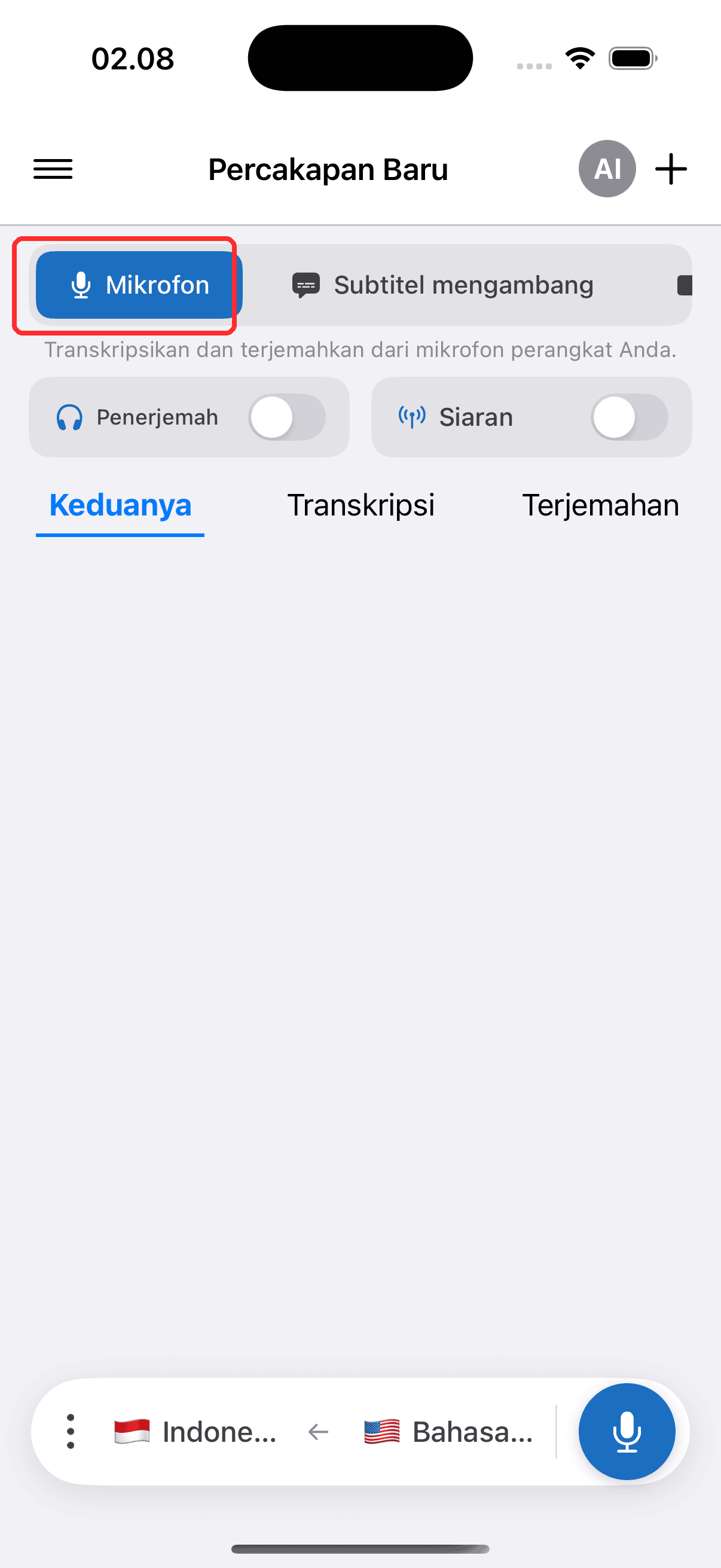 Selecting Microphone in the top menu on iPhone