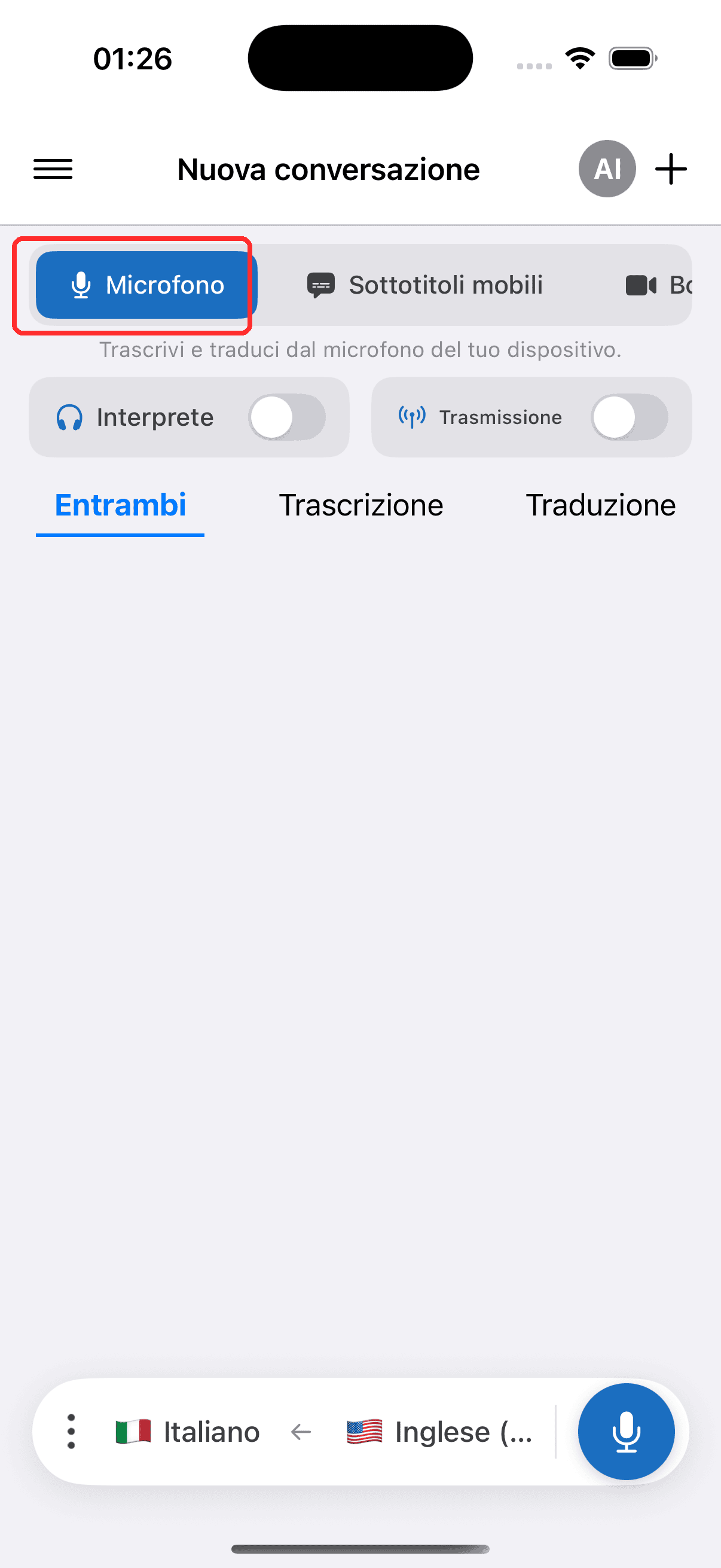 Selecting Microphone in the top menu on iPhone