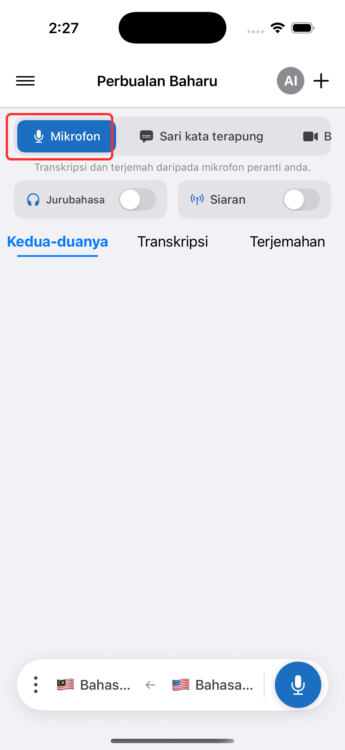 Selecting Microphone in the top menu on iPhone