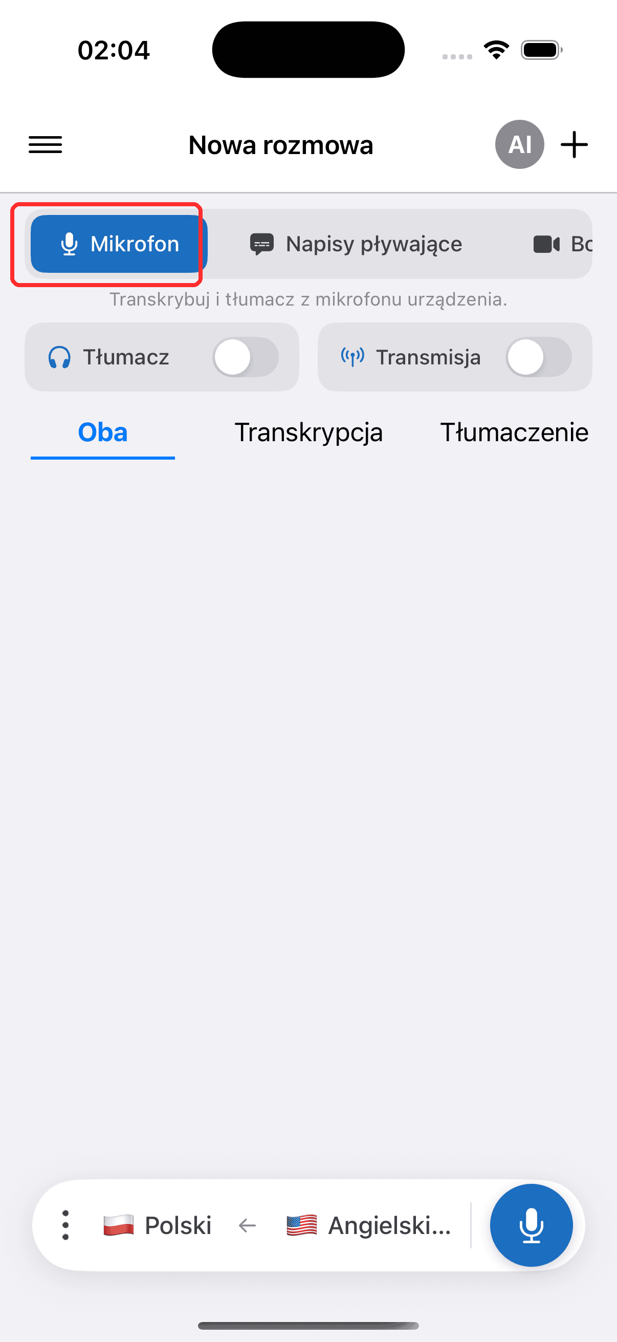 Selecting Microphone in the top menu on iPhone