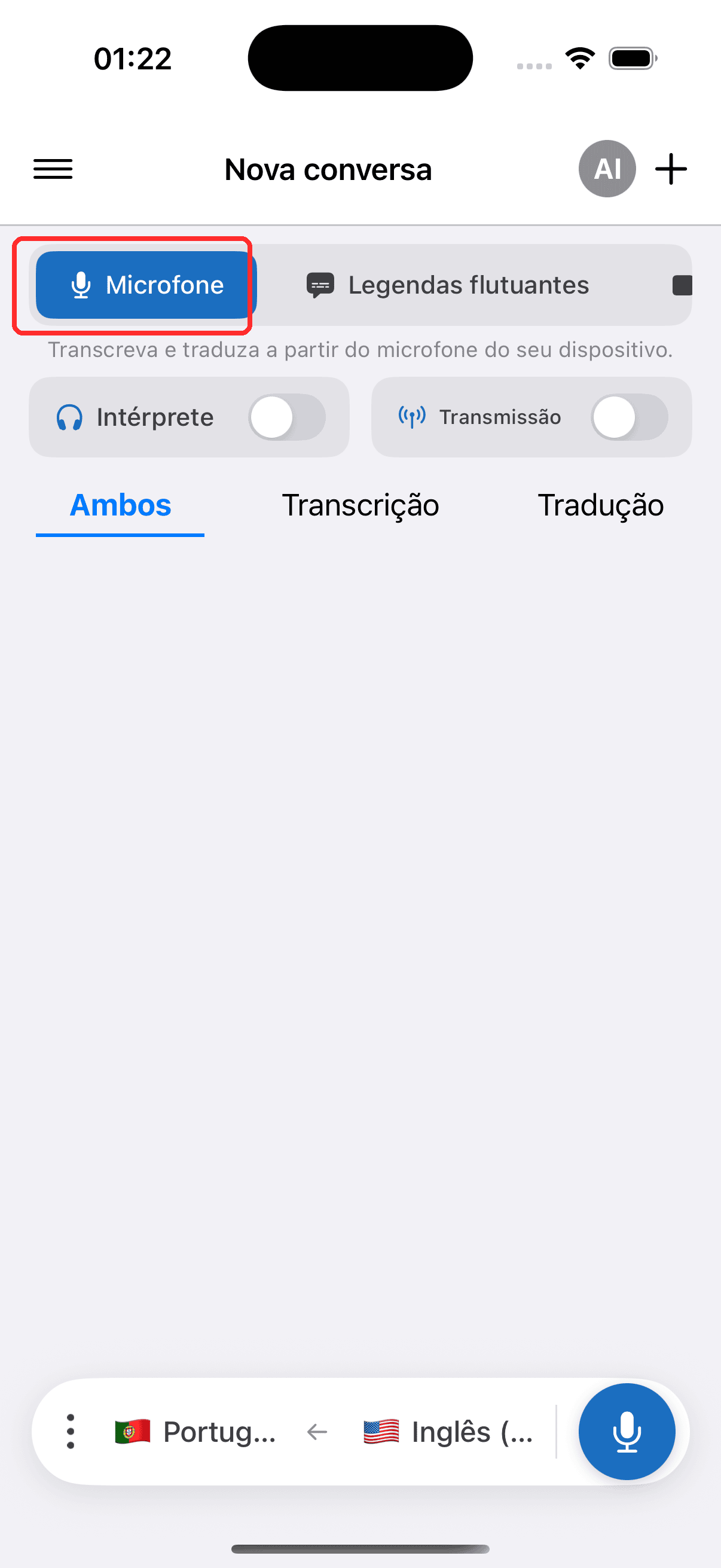Selecting Microphone in the top menu on iPhone