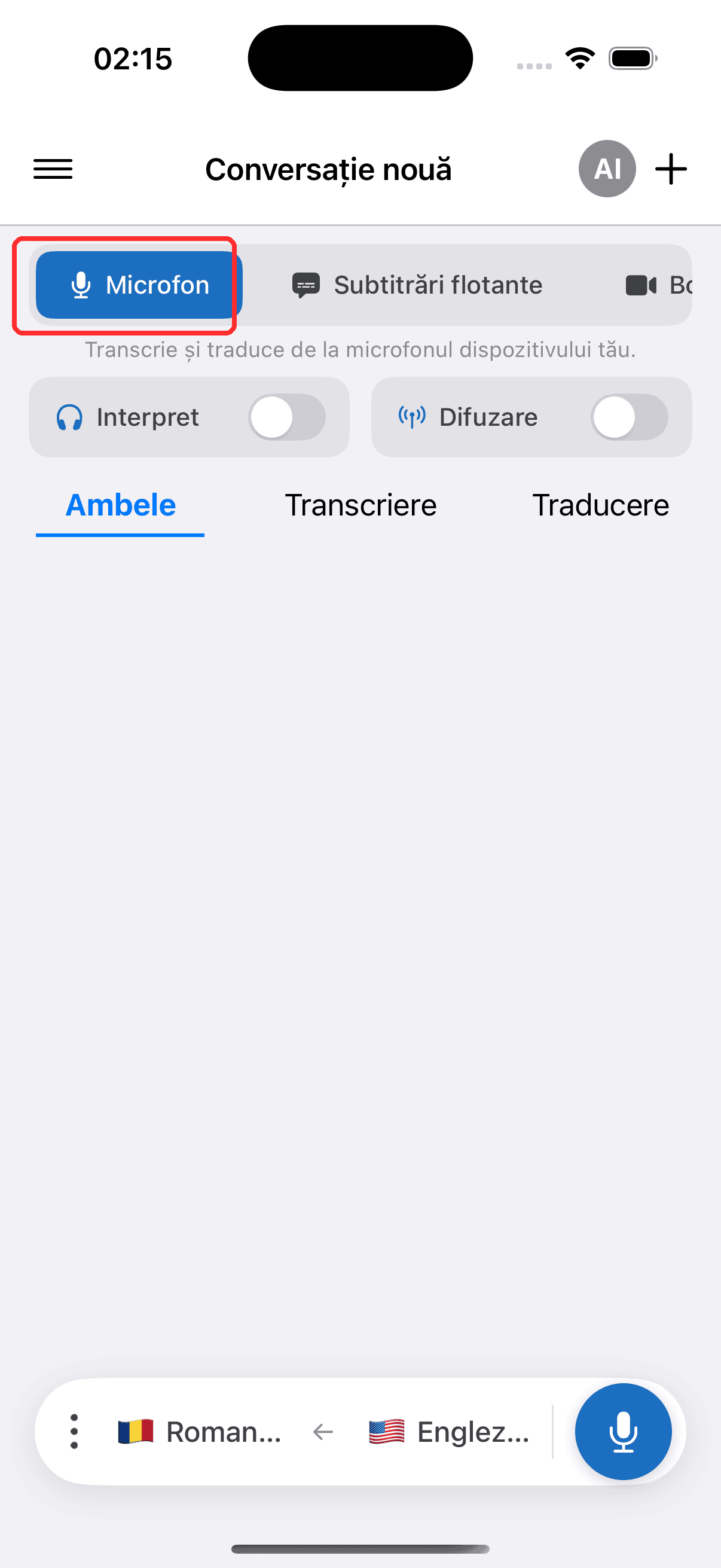 Selecting Microphone in the top menu on iPhone