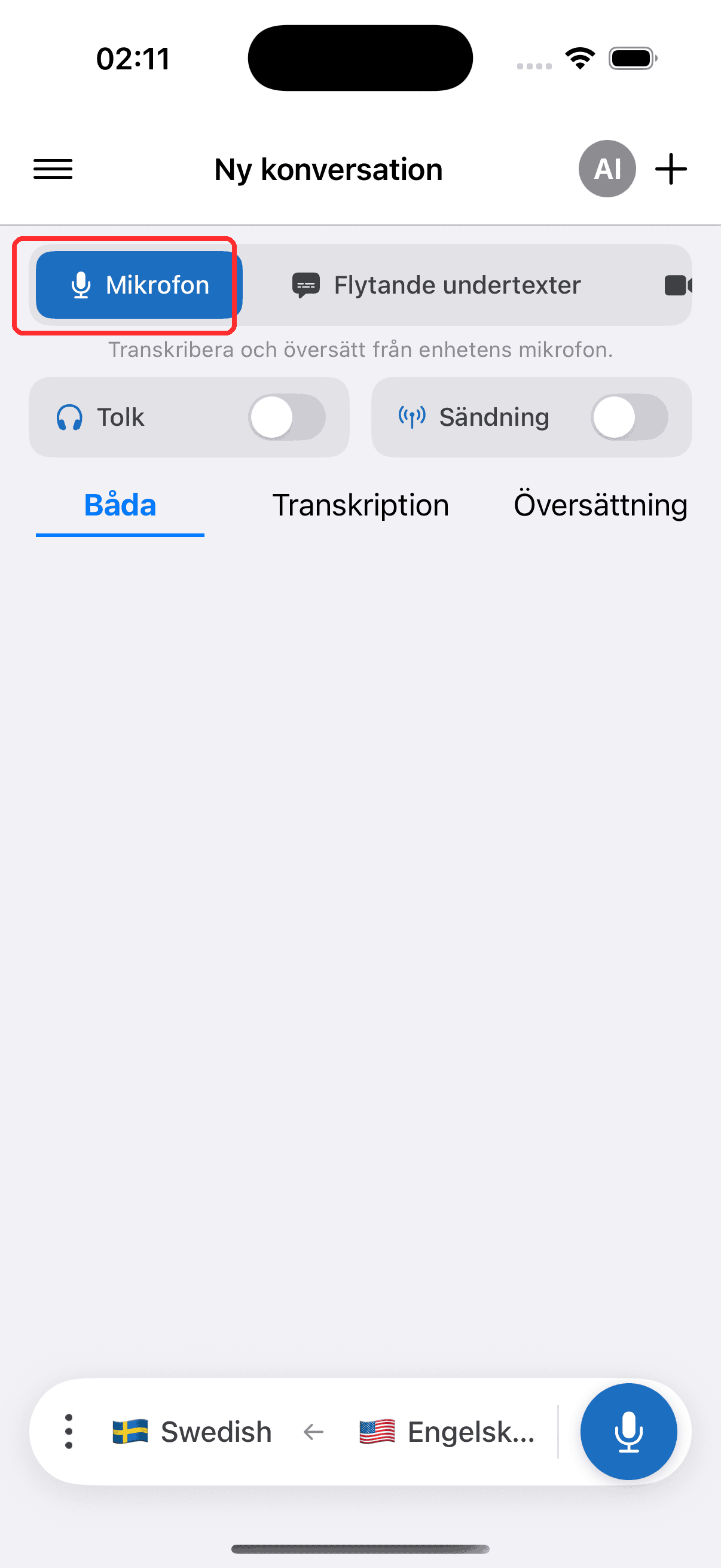 Selecting Microphone in the top menu on iPhone