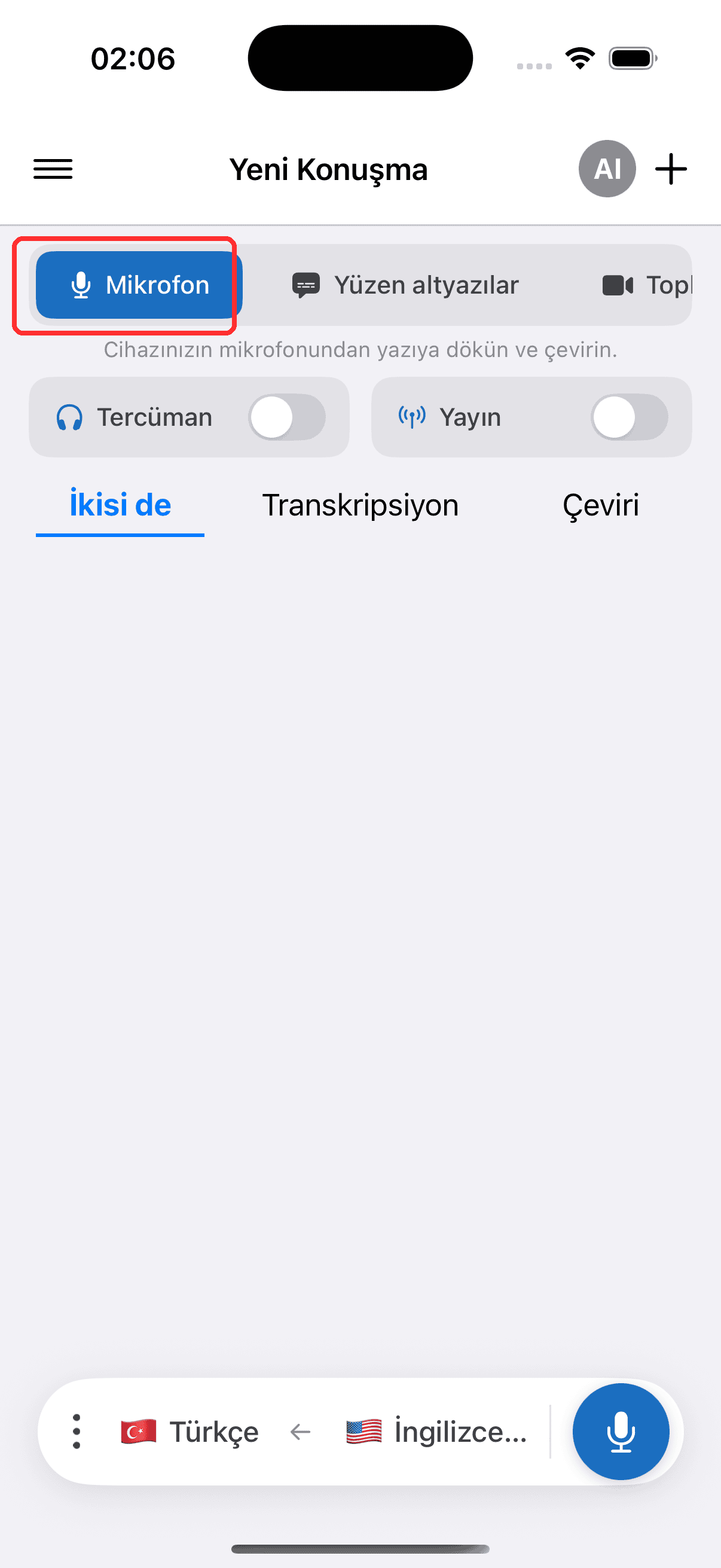Selecting Microphone in the top menu on iPhone