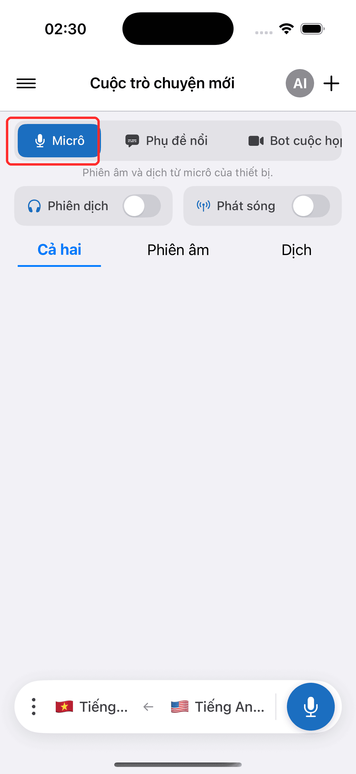 Selecting Microphone in the top menu on iPhone