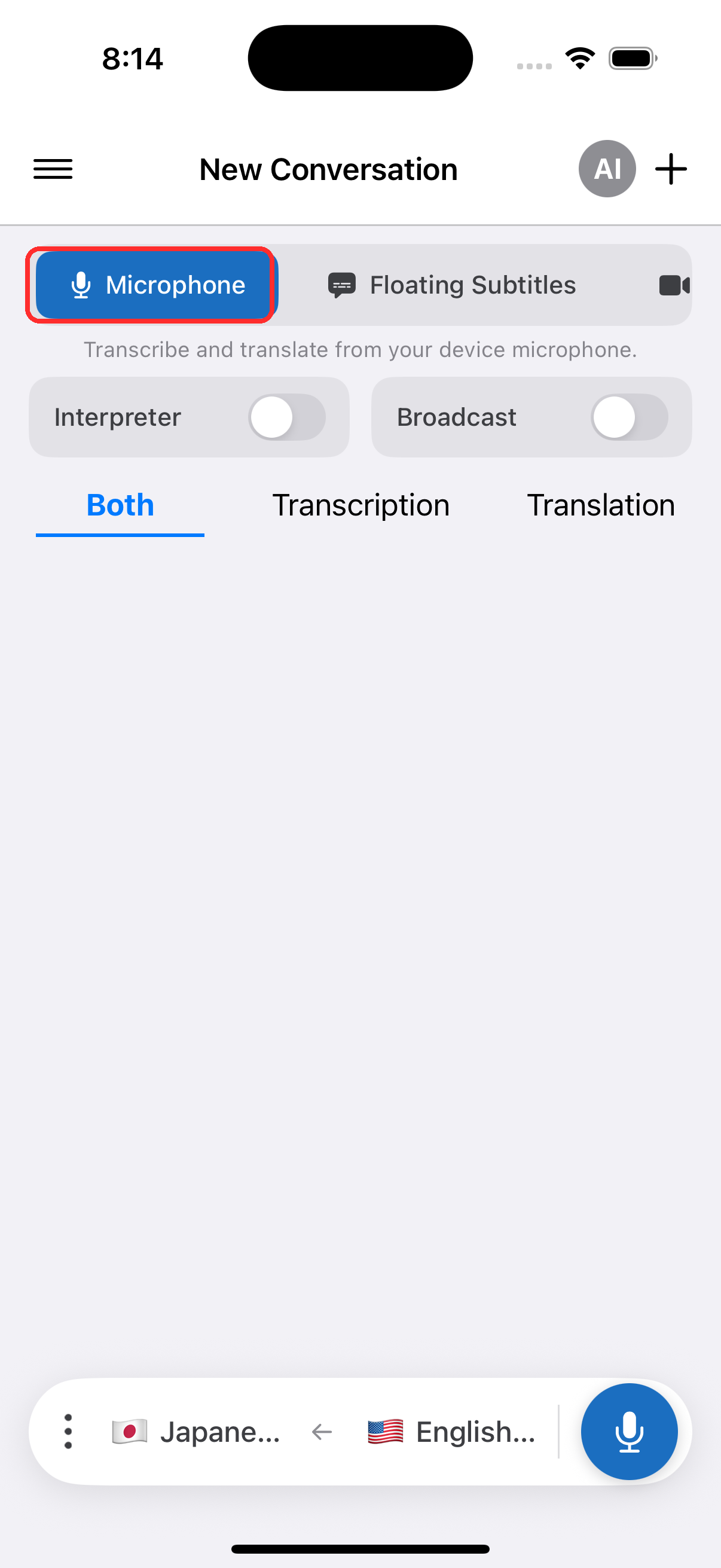 Selecting Microphone in the top menu on iPhone