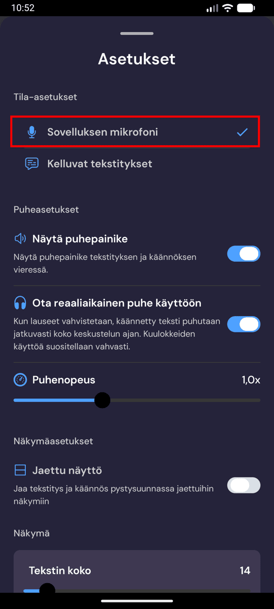 Choosing In-App Microphone from the recording settings on Android