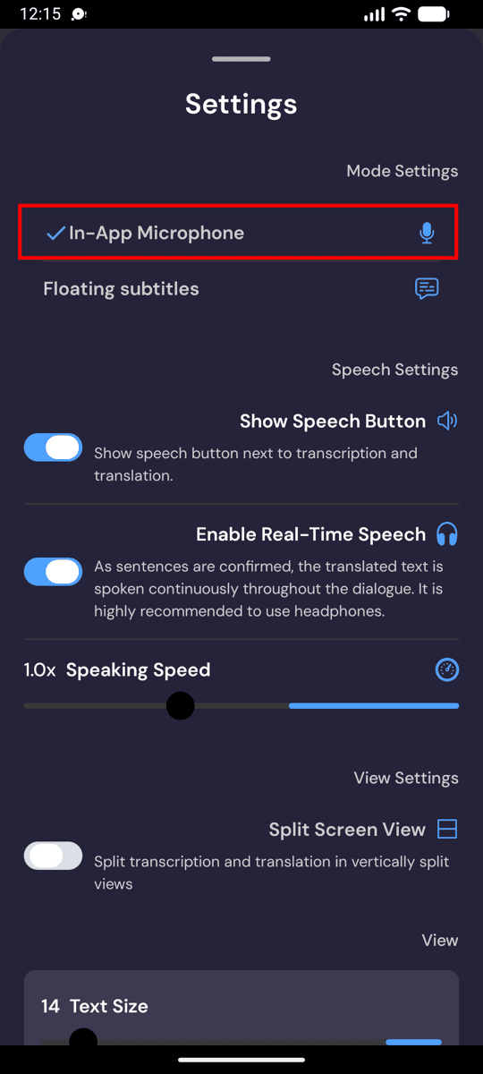Choosing In-App Microphone from the recording settings on Android