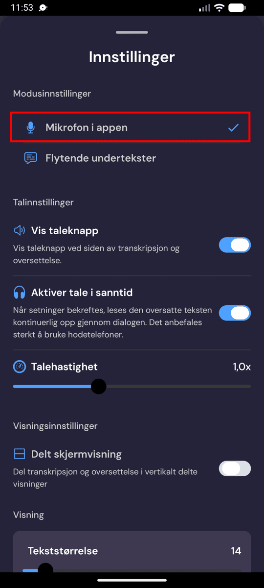 Choosing In-App Microphone from the recording settings on Android