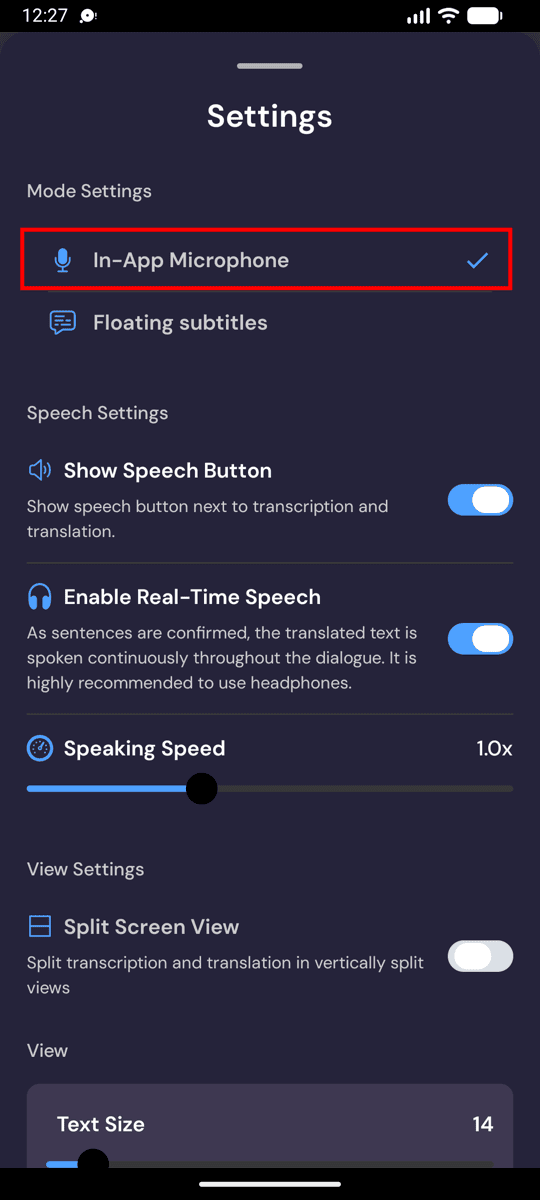 Choosing In-App Microphone from the recording settings on Android