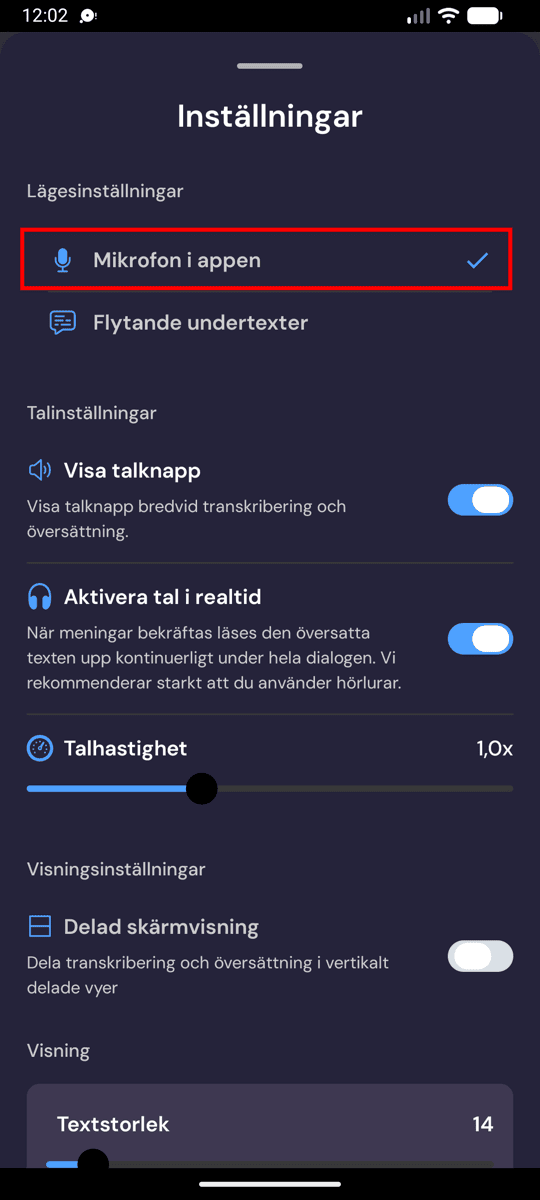 Choosing In-App Microphone from the recording settings on Android
