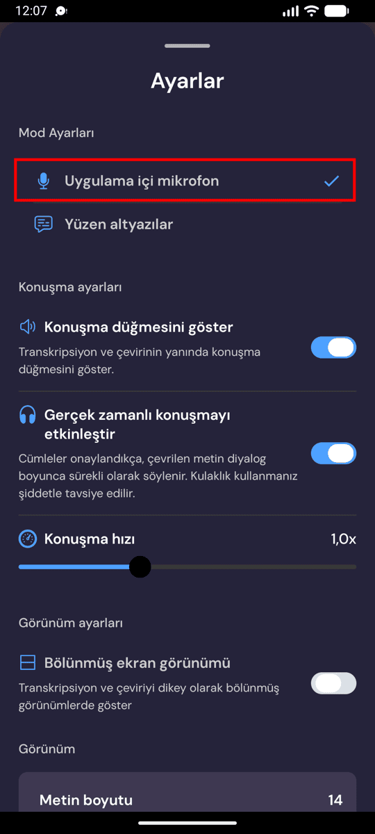 Choosing In-App Microphone from the recording settings on Android