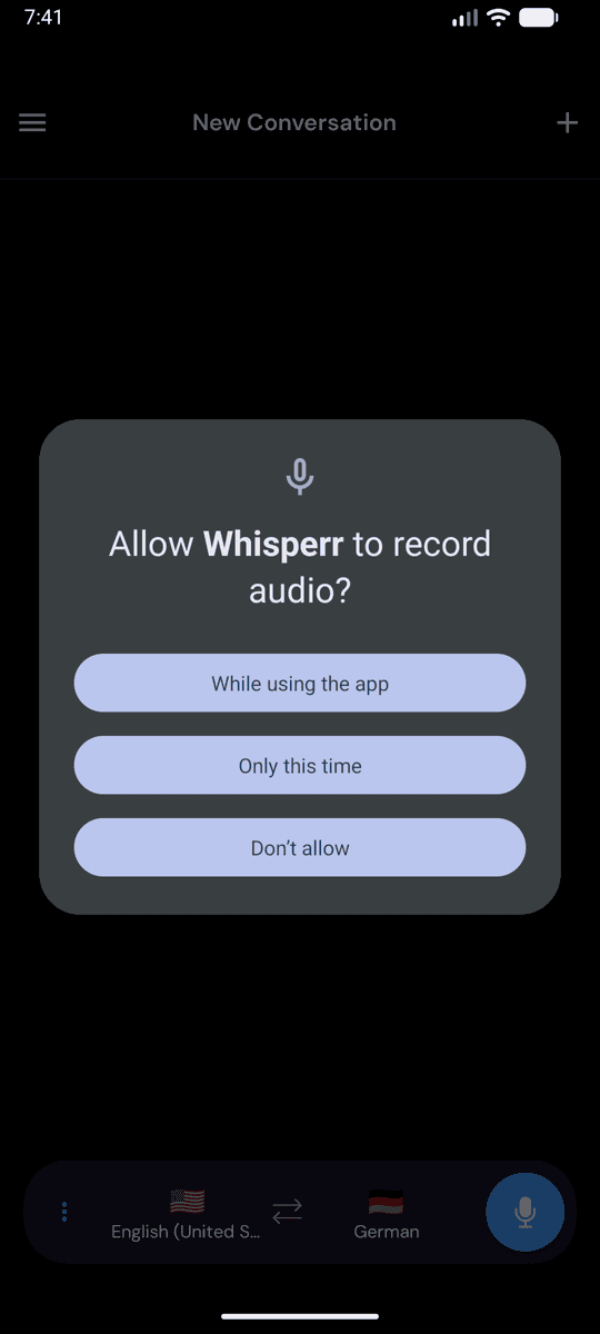 Android microphone permission dialog — tap While using the app