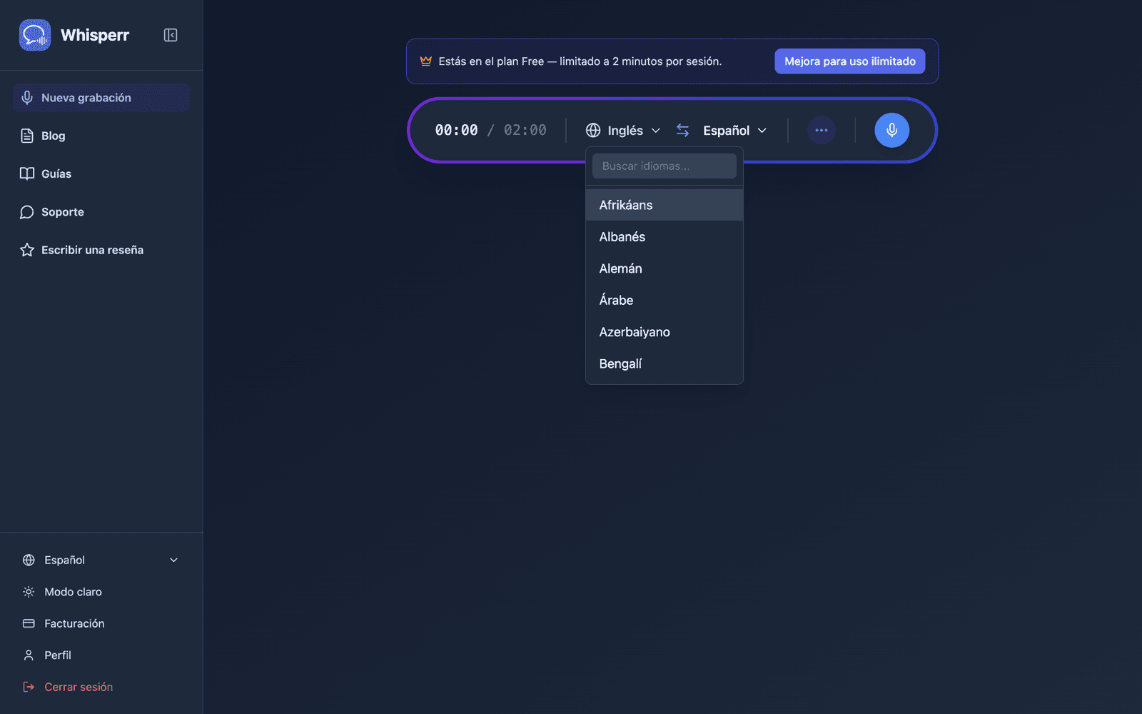 Selecting source and target languages from the language list