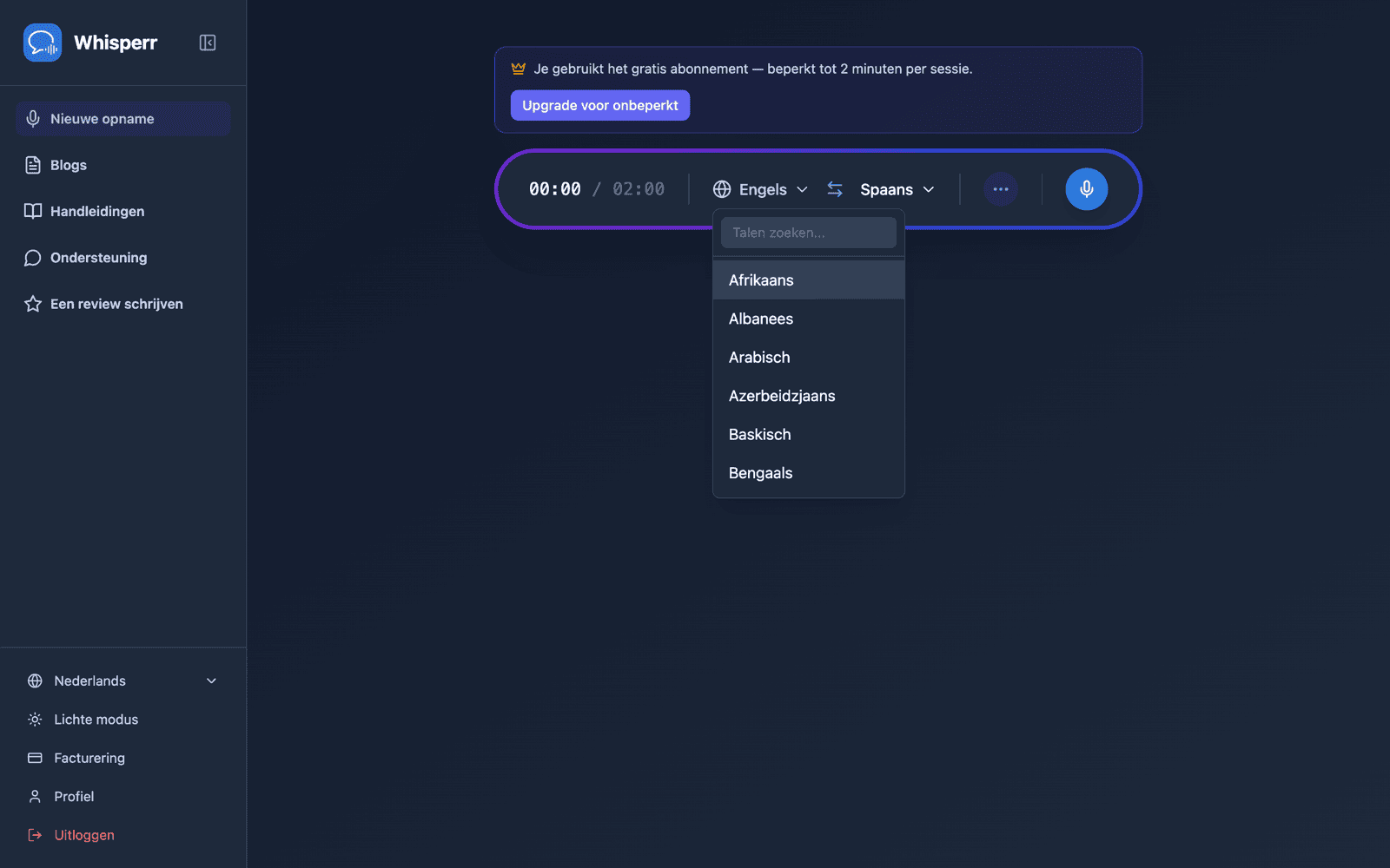 Selecting source and target languages from the language list