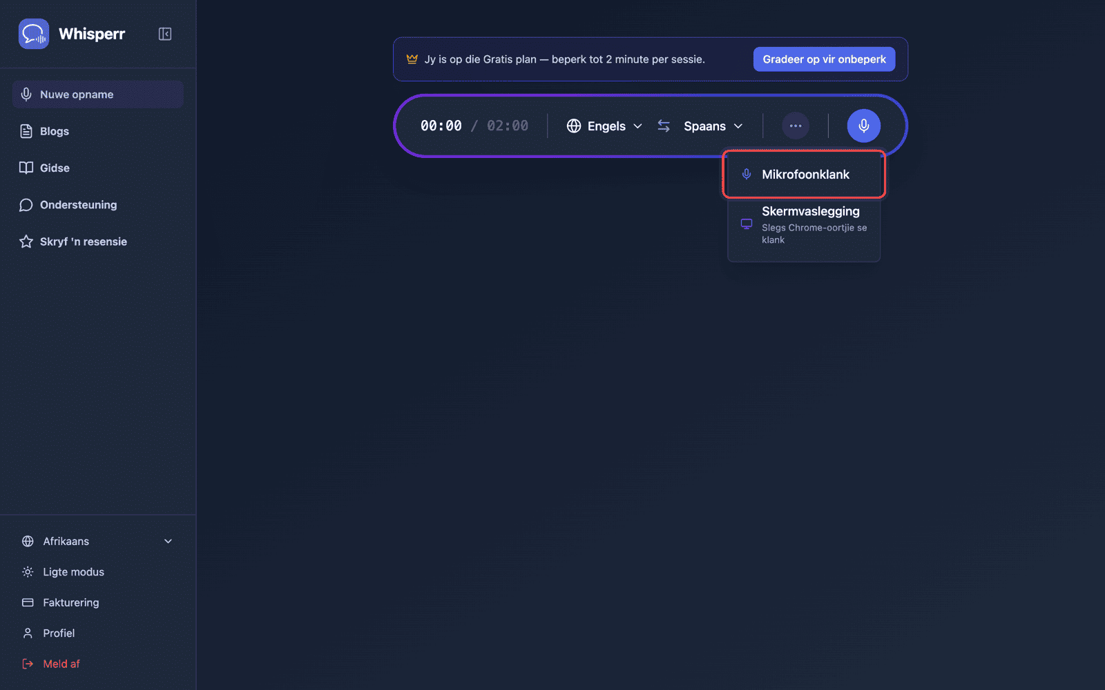 Click the recording button and select Microphone Audio