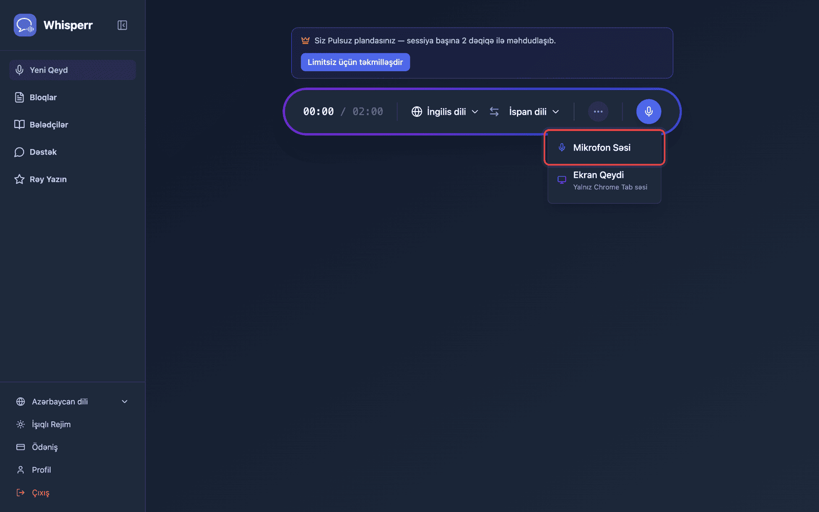 Click the recording button and select Microphone Audio