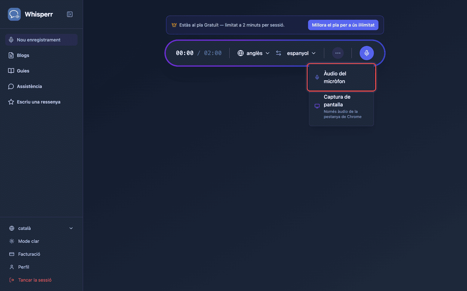 Click the recording button and select Microphone Audio