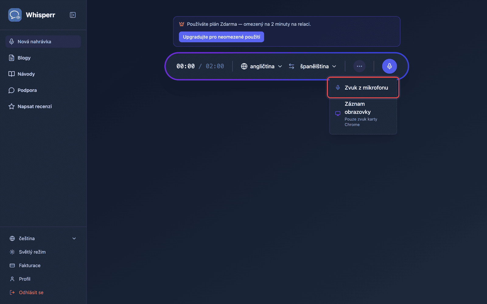 Click the recording button and select Microphone Audio