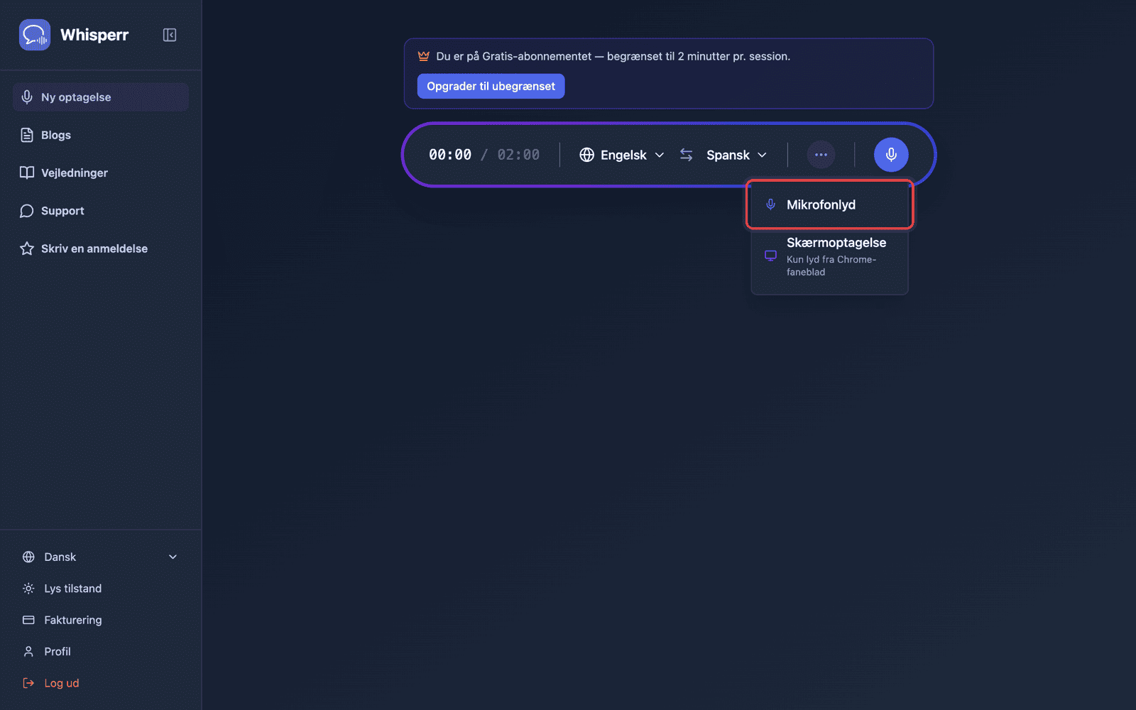 Click the recording button and select Microphone Audio