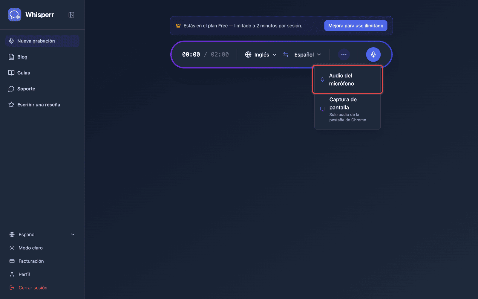 Click the recording button and select Microphone Audio