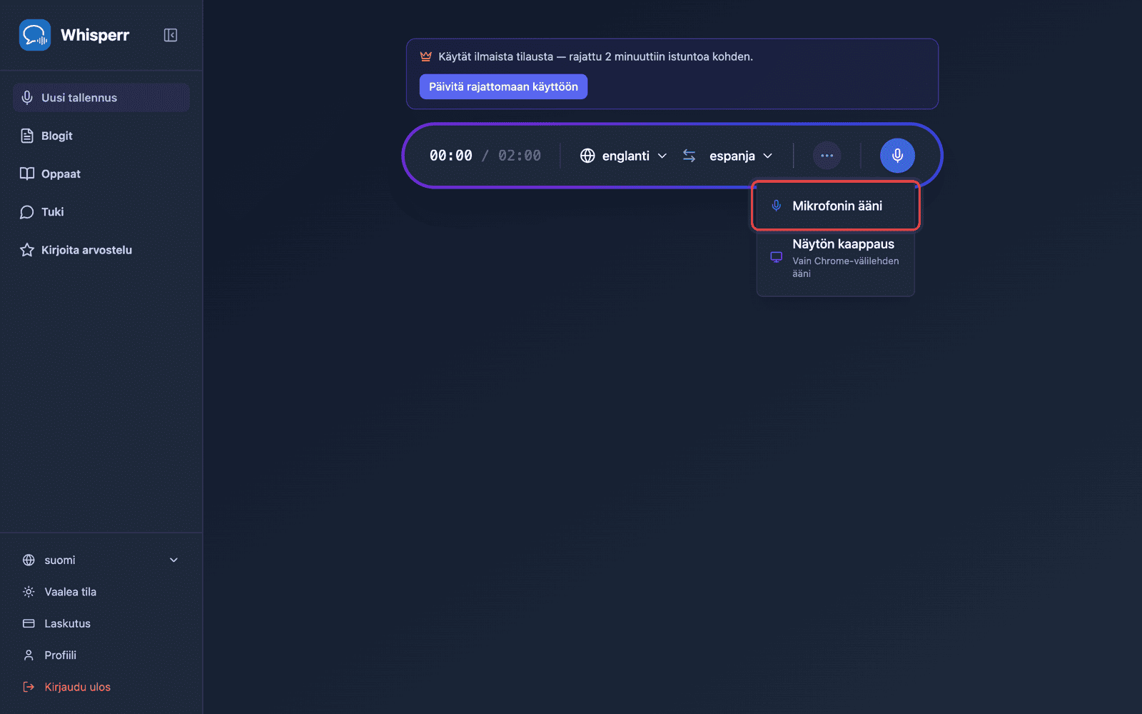 Click the recording button and select Microphone Audio
