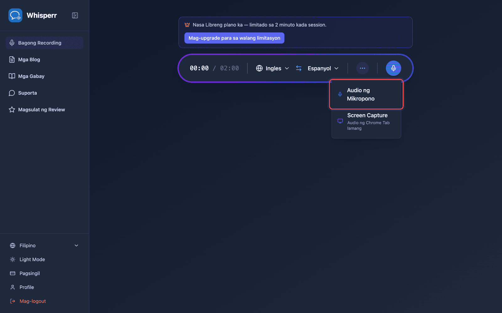 Click the recording button and select Microphone Audio