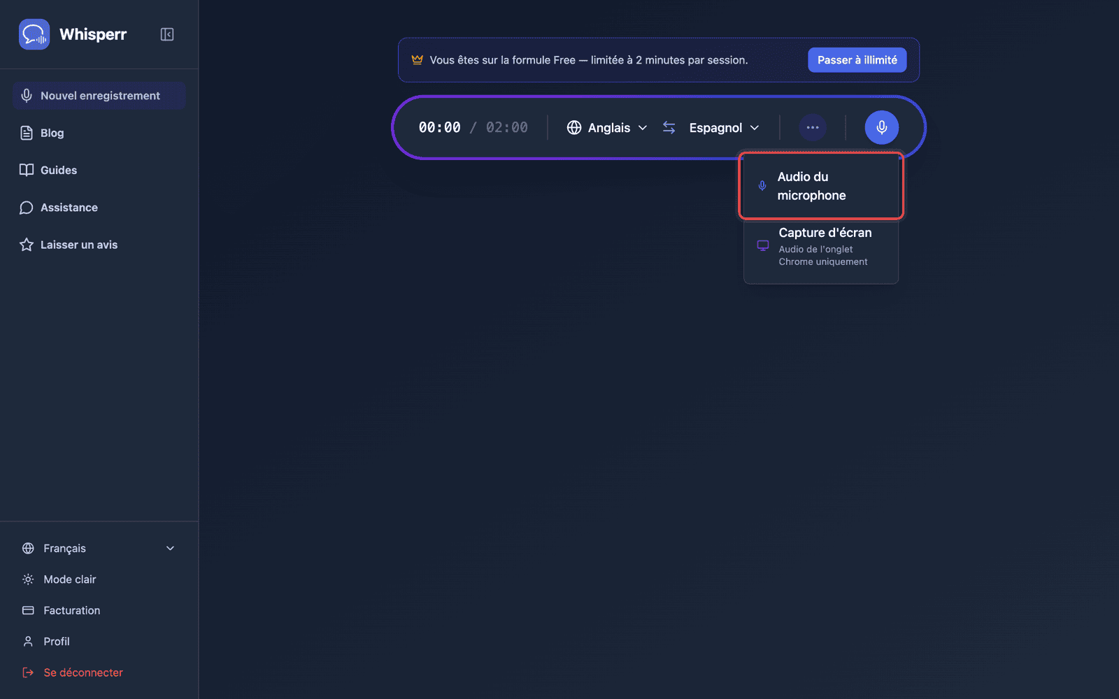 Click the recording button and select Microphone Audio