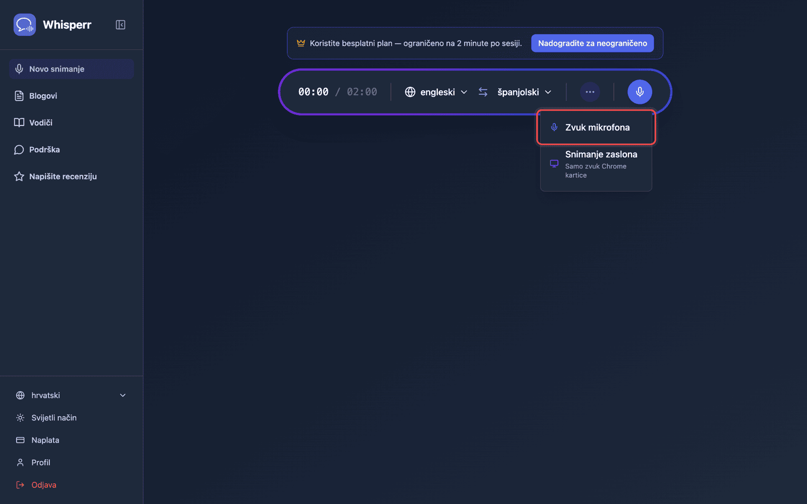 Click the recording button and select Microphone Audio