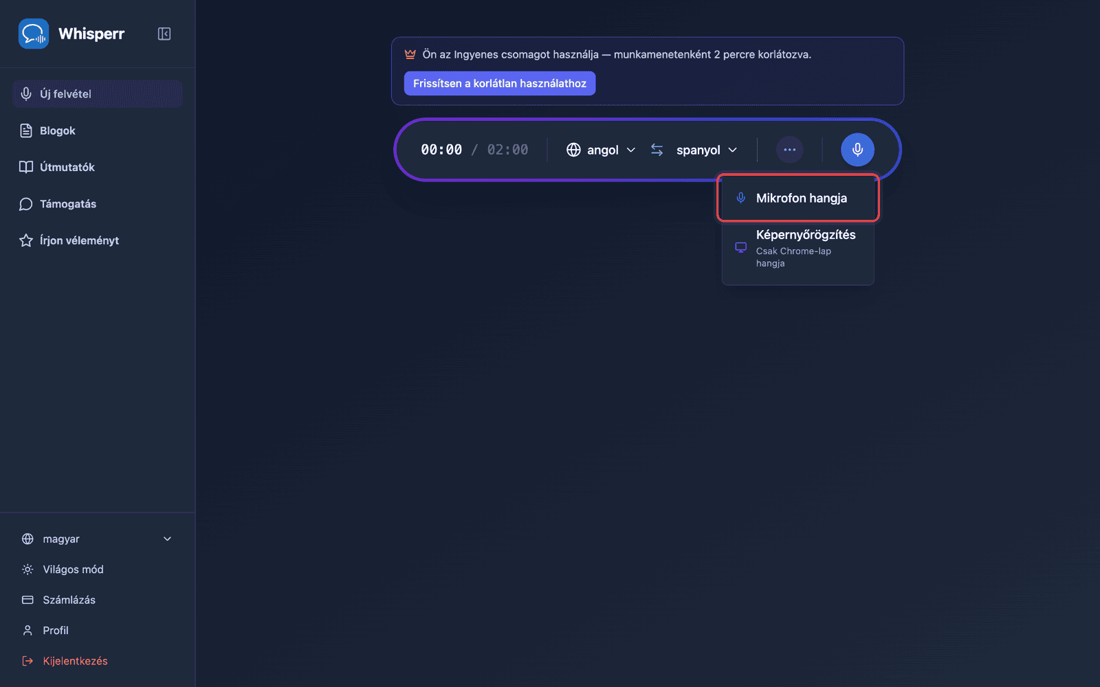 Click the recording button and select Microphone Audio