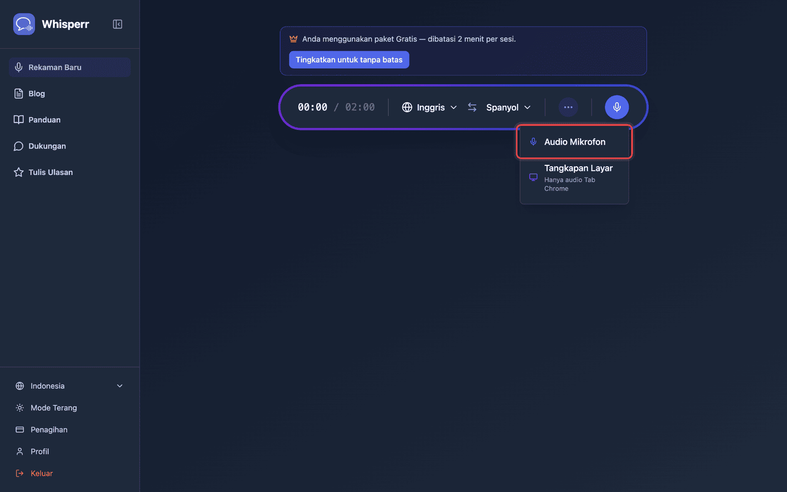 Click the recording button and select Microphone Audio