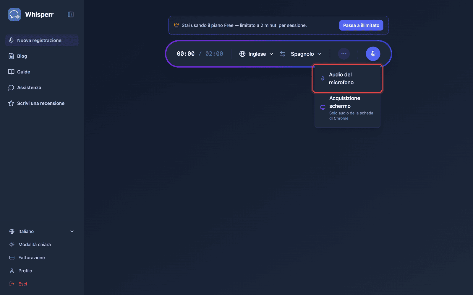 Click the recording button and select Microphone Audio