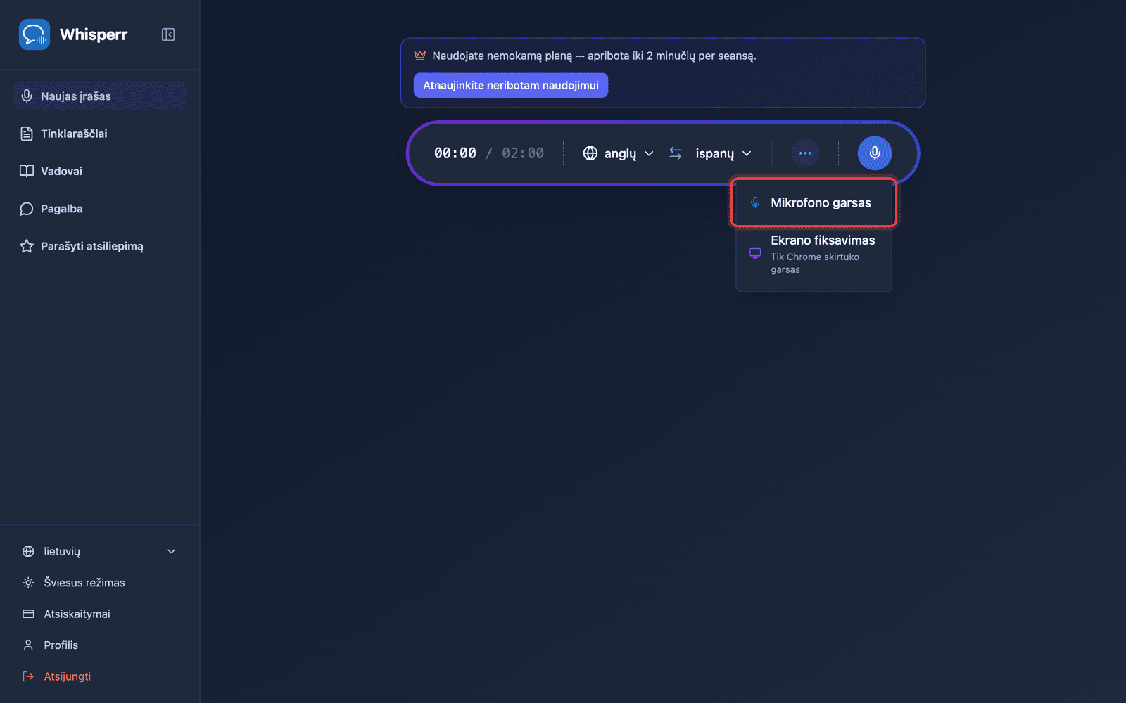 Click the recording button and select Microphone Audio