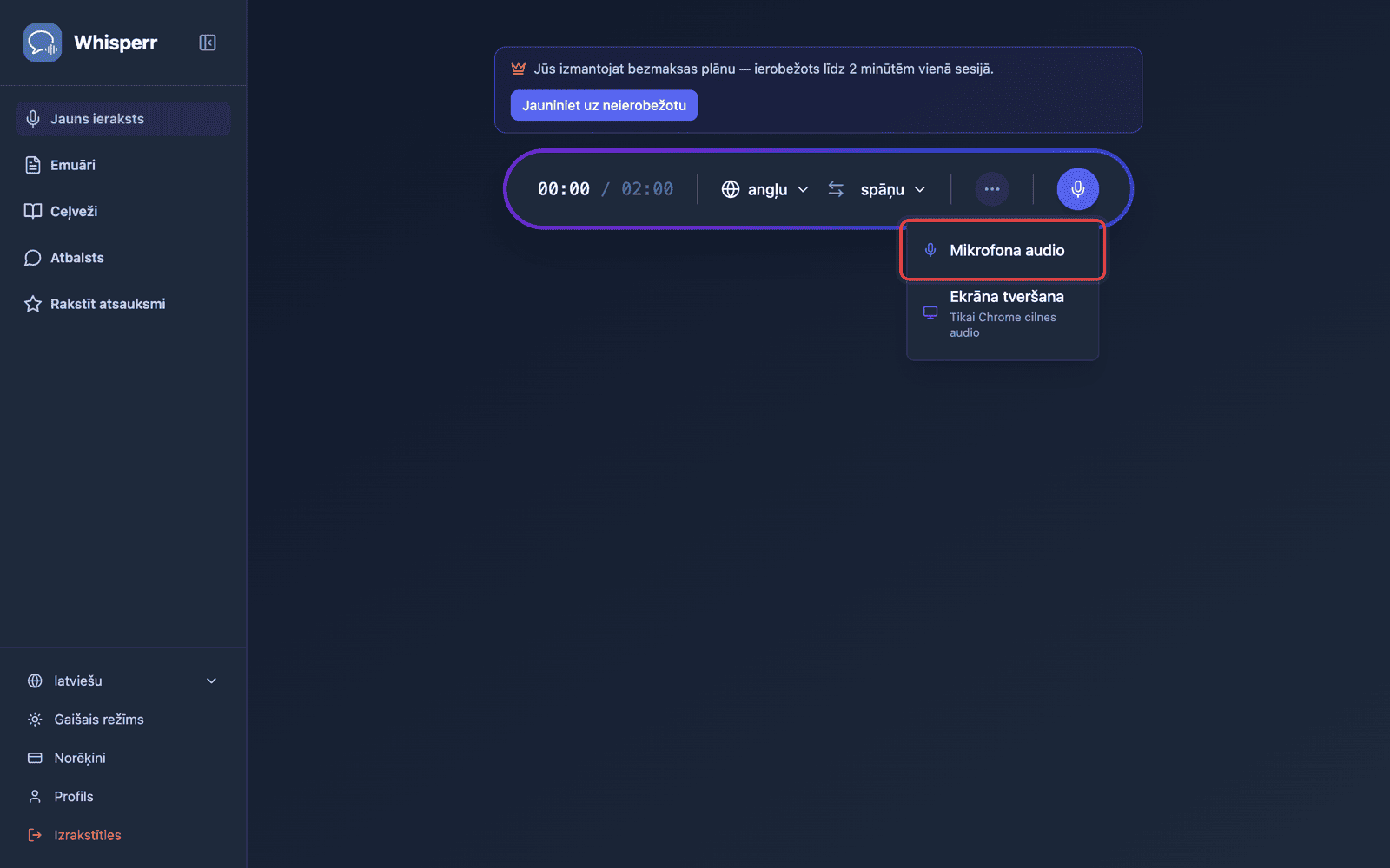 Click the recording button and select Microphone Audio