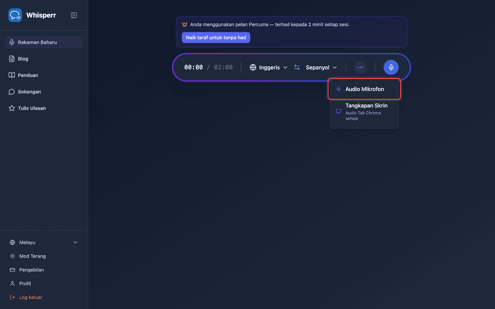 Click the recording button and select Microphone Audio
