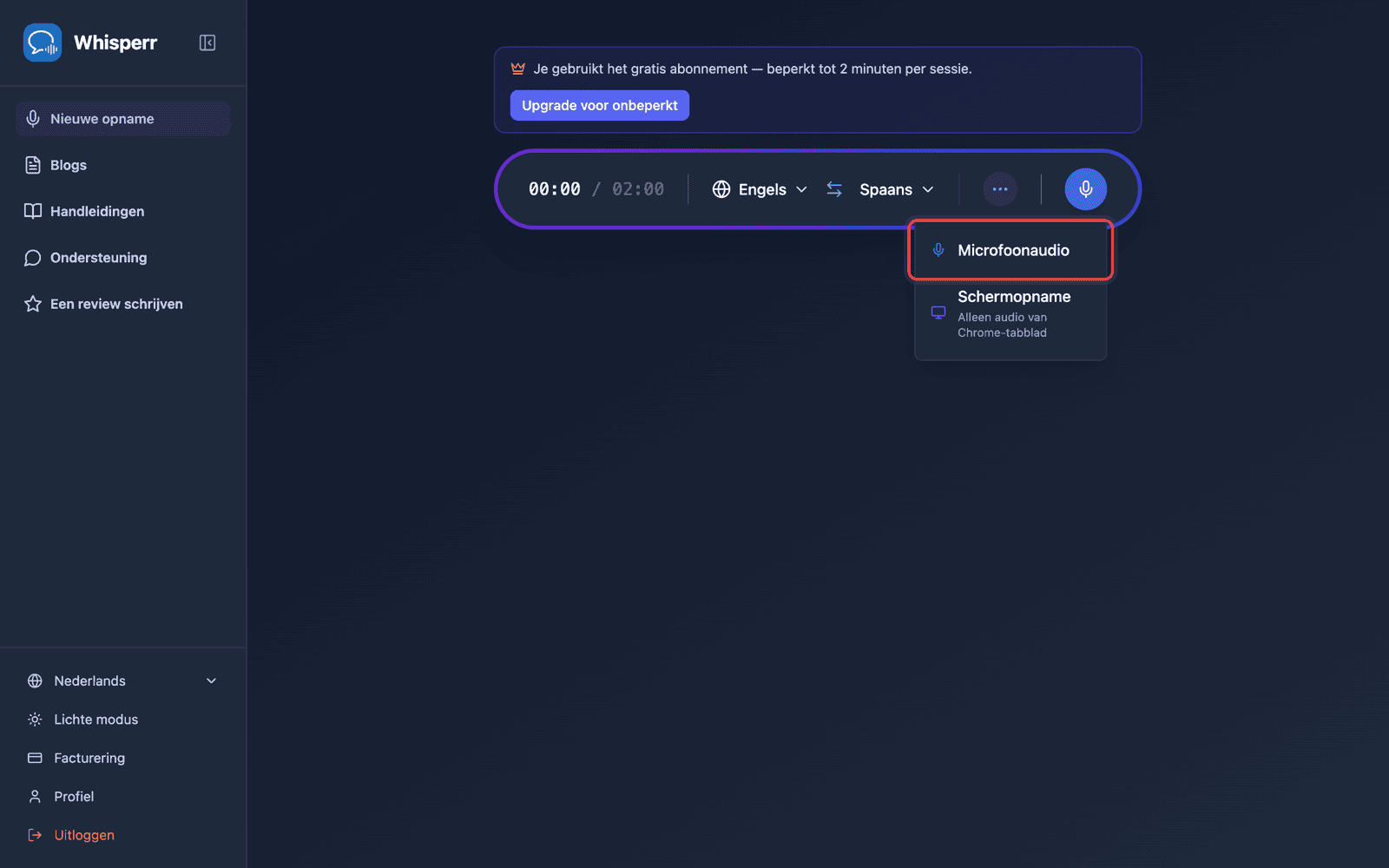 Click the recording button and select Microphone Audio