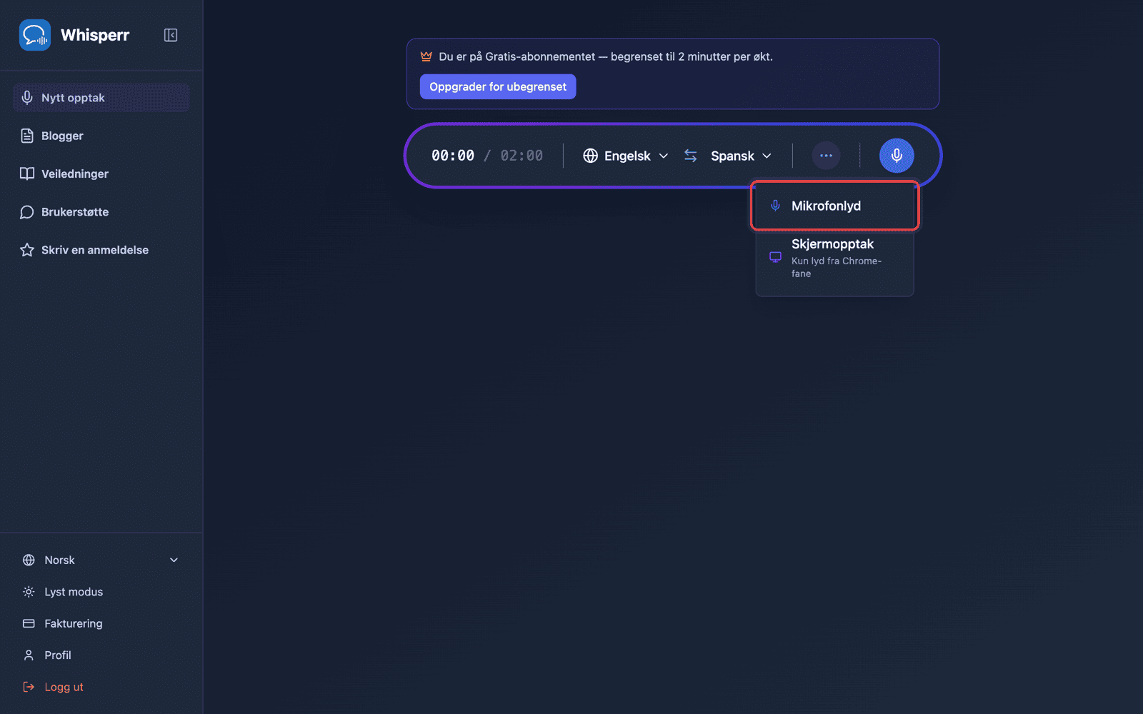 Click the recording button and select Microphone Audio